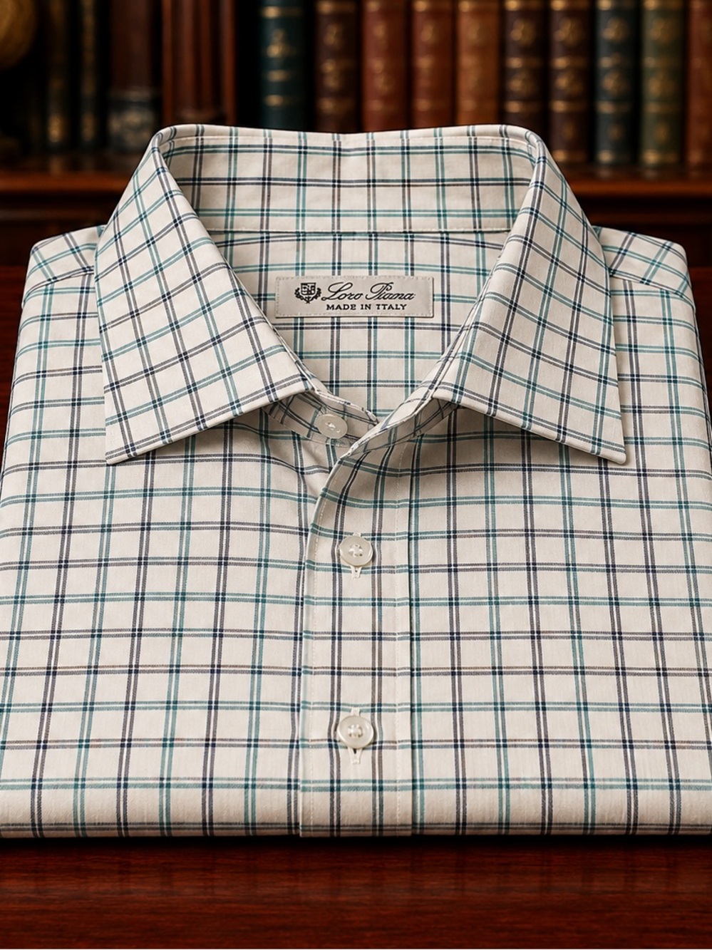 Loro Piana White Dress Shirt with Green and Navy Windowpane
